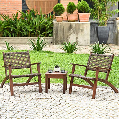 3 Pieces Patio Conversation Set, Solid Eucalyptus Wood Frame Outdoor Wicker Furniture Set Bistro Set with Coffee Table, Rattan Furniture Set for Backyard Porch Garden Poolside Balcony (Brown)