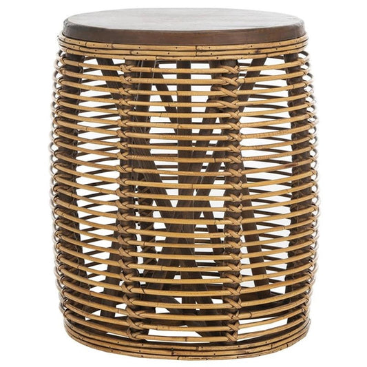 SAFAVIEH Furniture - Maui Rattan Drum Stool Table - Honey Brown-Wash & Teak Brown - Rattan - Coastal Woven Design - Fully Assembled - Ideal for Living Room, Bedroom, Patio - Fully Assembled (STL6500B)