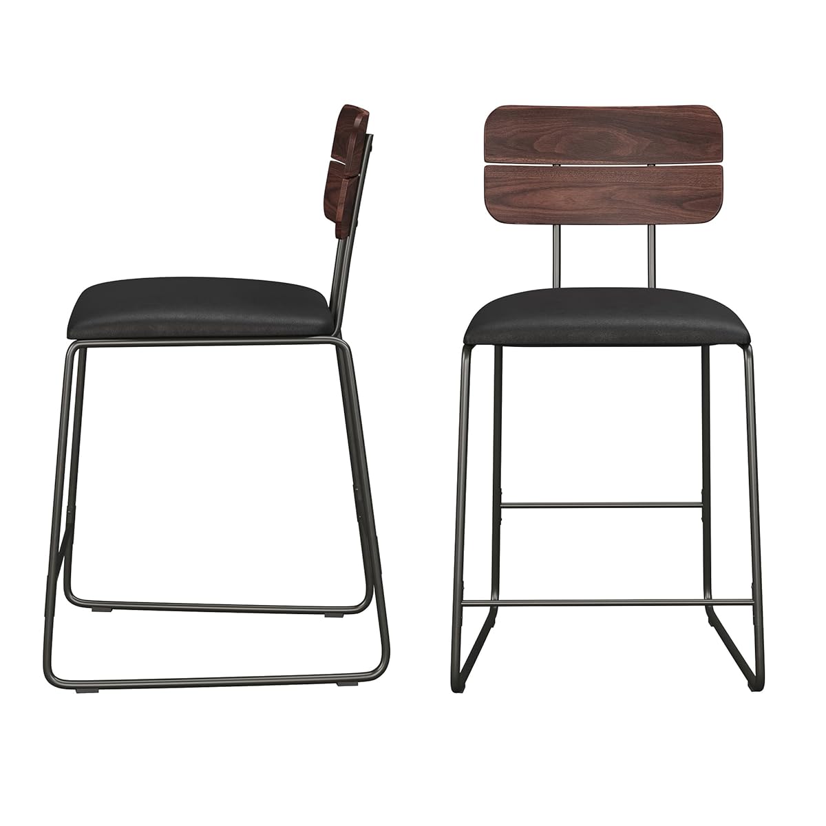 Modern 2-Piece Minimalist Counter Stools with Wooden Back, Set of 2, Black