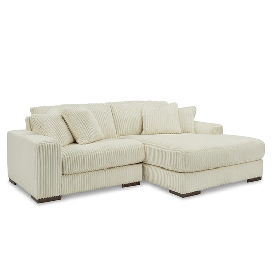 Signature Design by Ashley Lindyn Sectional Couch with Chaise, Cloud-Like Plush Seating, Velvet Upholstery with Cord Texture, Contemporary Living Room Furniture, Ivory, 99"W x 70"D