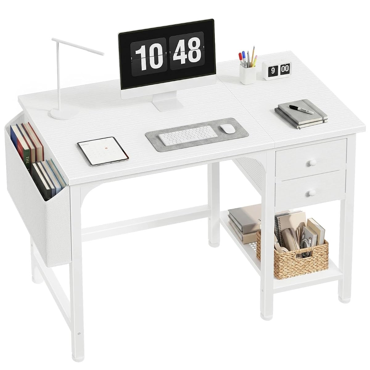 White Small Desk with Drawers, 40 Inch Computer Desk for Small Space Home Office