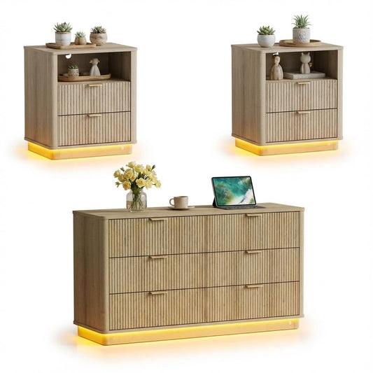 Dresser and Nightstand Sets 3 Piece, Bedroom Set with Charging Station, Large 6 Drawer Dresser for Bedroom and Night Stand Set of 2, Mid Century Modern Bedroom Furniture Set with Motion Sensor Lights