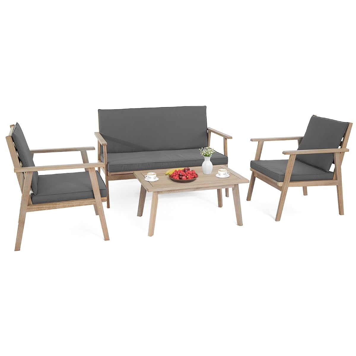 Outdoor Patio Furniture, 4 Piece Acacia Wood Sofa Set w/Coffee Table, Patio Table and Chairs Set for Deck, Balcony, Backyard (Light Natural)