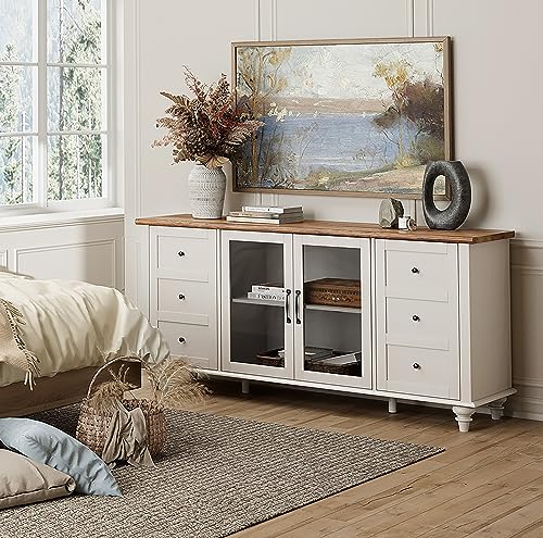Glass Door TV Stand for 65 Inch TV with Storage Cabinet, Off White, view 5