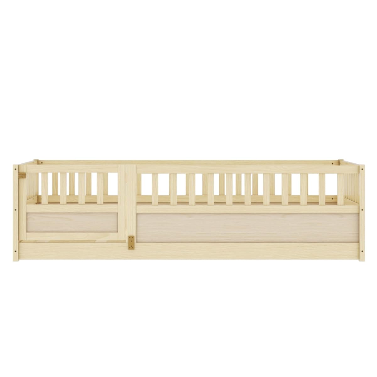 Montessori Wooden Floor Bed Frame, Integrated Kids Sleeping Bed with Safety Barrier and Access Door, Sturdy Pine Bedroom Furniture for Children Daily Rest (Natural,78 * 41'' +Support Plate)