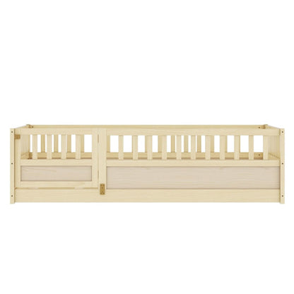 Montessori Wooden Floor Bed Frame, Integrated Kids Sleeping Bed with Safety Barrier and Access Door, Sturdy Pine Bedroom Furniture for Children Daily Rest (Natural,78 * 41'' +Support Plate)