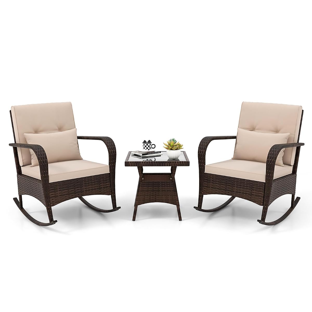 3 Pieces Patio Furniture Set, Outdoor Wicker Rocking Chairs with Cushions, Pillows, Glass Coffee Table, Rattan Bistro Rocker Set for Balcony Front Porch Poolside Garden Deck Yard (Beige)