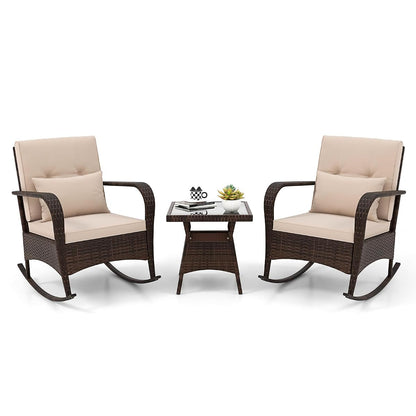 3 Pieces Patio Furniture Set, Outdoor Wicker Rocking Chairs with Cushions, Pillows, Glass Coffee Table, Rattan Bistro Rocker Set for Balcony Front Porch Poolside Garden Deck Yard (Beige)