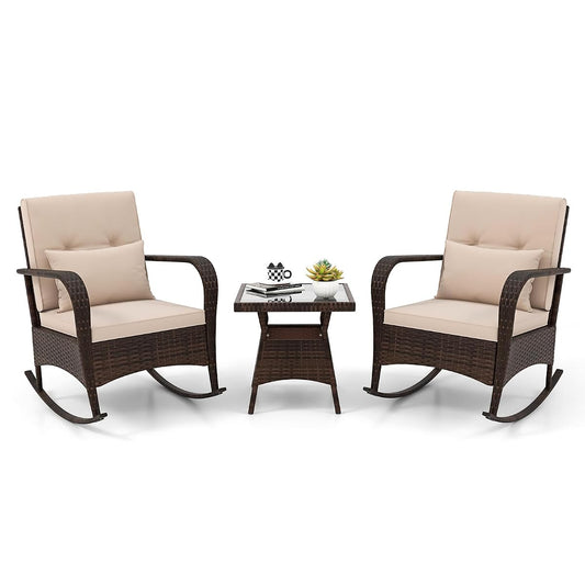 3 Pieces Patio Furniture Set, Outdoor Wicker Rocking Chairs with Cushions, Pillows, Glass Coffee Table, Rattan Bistro Rocker Set for Balcony Front Porch Poolside Garden Deck Yard (Beige)