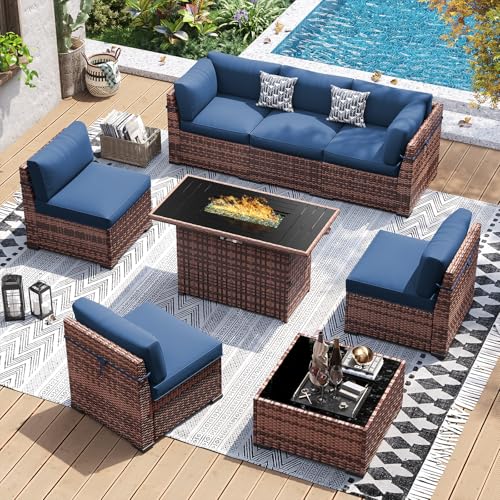 Patio Furniture Set with 44'' Fire Pit Table, 8 PCS Outdoor Sectional Furniture Sets, Slanted Back Outdoor Conversation Set PE Rattan Sofa for Porch W/Coffee Table, Blue