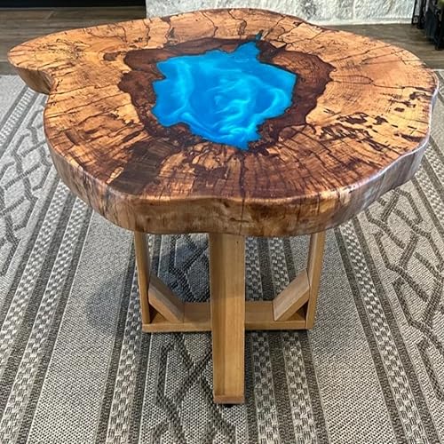RESINHOMEFURNITURE Round Wooden Table with Blue Epoxy Lake Design Coffee Table Console Table Side Table Living Room Table Center Table Patio Table End Table (30 Inches Tall, 36 x 36 Inches)