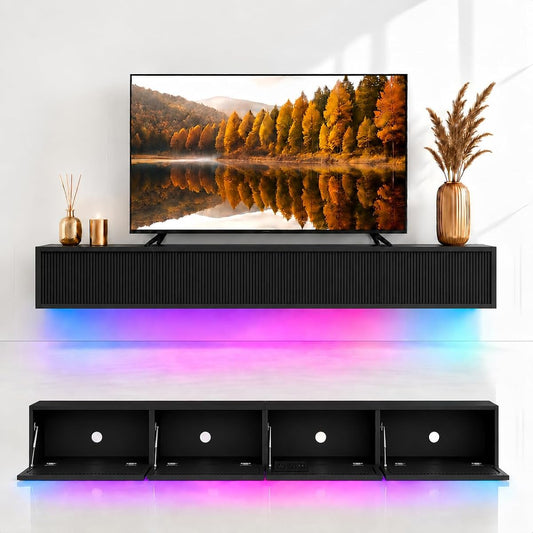 Floating TV Stand 78 Inch Wall Mounted TV Console with Storage Shelves, Modern TV Stand for Living Room Bedroom, Fits 55-90 Inch TV, Wood TV Console Black