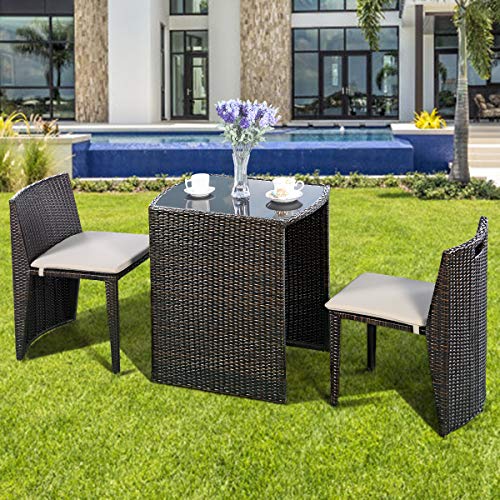 3 PCS Cushioned Outdoor Wicker Patio Set Convention Bistro Set Garden Lawn Space Saving Conversation Sofa Furniture No Assembly (Brown)