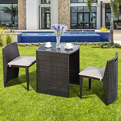 3 PCS Cushioned Outdoor Wicker Patio Set Convention Bistro Set Garden Lawn Space Saving Conversation Sofa Furniture No Assembly (Brown)