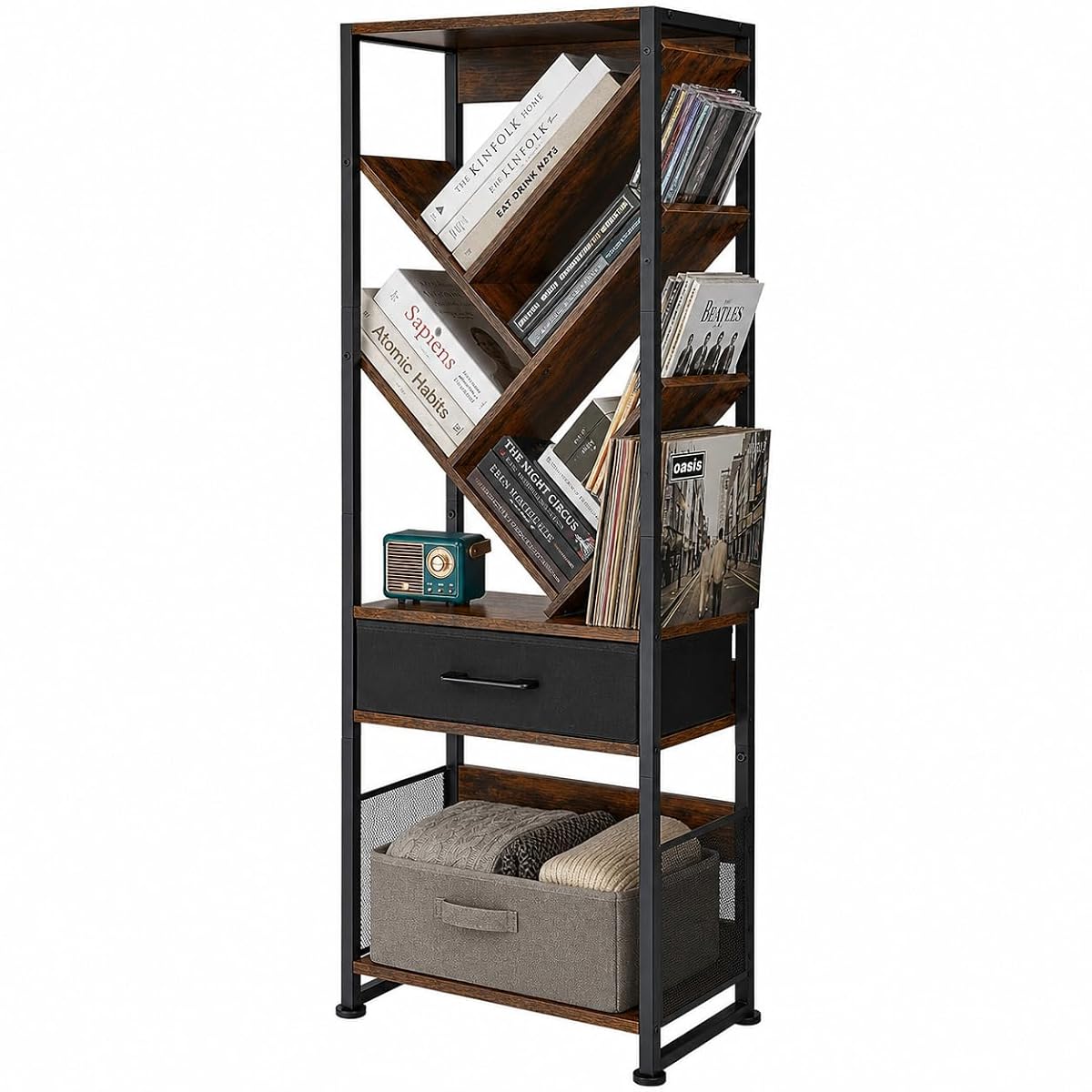 Bookshelf with Drawer,8 Tier Tree Bookcase Retro Floor Standing Bookshelves,Tall Wood Bookcases with Cabinet Storage Organizer for Living Room, Bedroom & Home Office, Classic