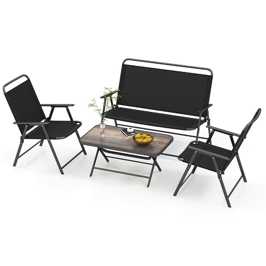 4 Piece Folding Patio Furniture Set, Metal Chair & Table Set with Breathable Fabric Seat, Outdoor Sectional Conversation Set with 2 Patio Chairs, Loveseat, Coffee Table for Yard Porch Deck