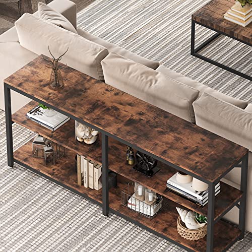 Tribesigns 70.9 Inch Extra Long Console Table, Modern Sofa Table Behind Couch Table with Storage Shelves, 3-Tier Industrial Hallway Entryway Table for Living Room, 3 Shelf Bookshelf(Brown)