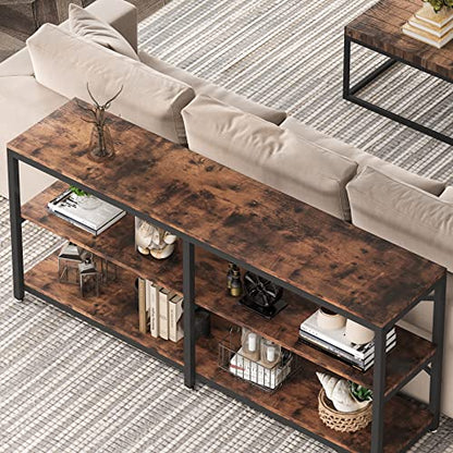 Tribesigns 70.9 Inch Extra Long Console Table, Modern Sofa Table Behind Couch Table with Storage Shelves, 3-Tier Industrial Hallway Entryway Table for Living Room, 3 Shelf Bookshelf(Brown)
