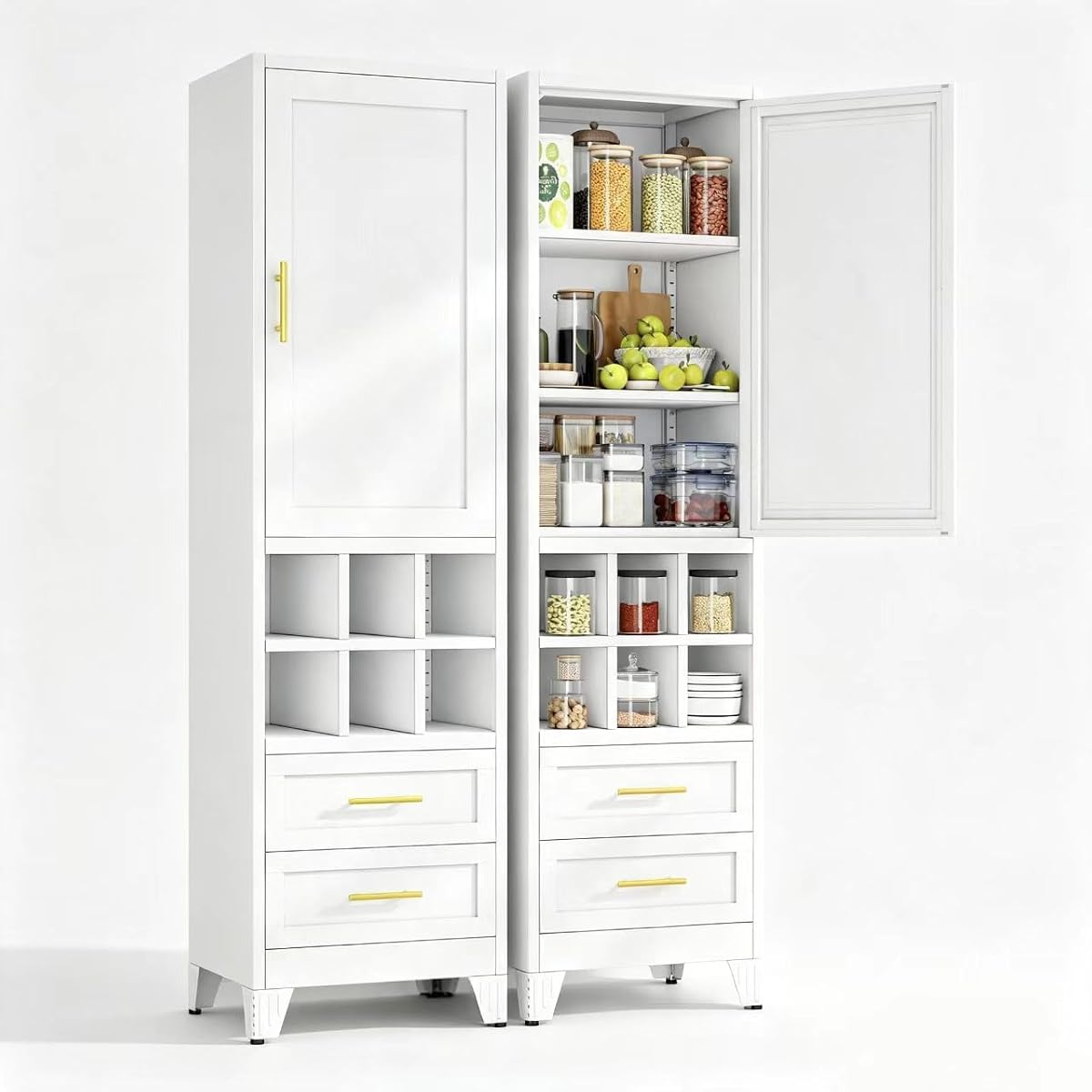 Freestanding white pantry cabinet with golden handles, modern display features
