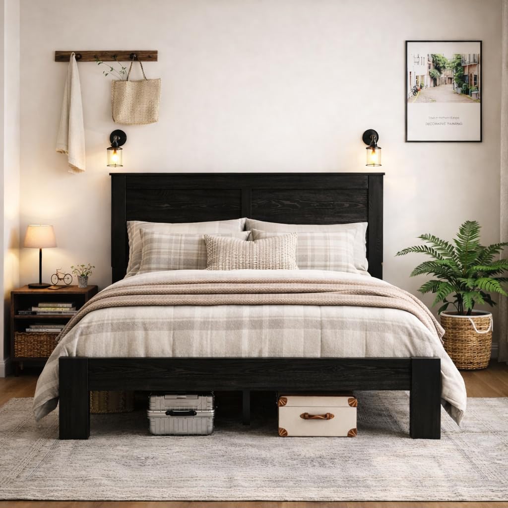 Wooden Bed Frame Queen Size with Headboard, Farmhouse Platform Bed