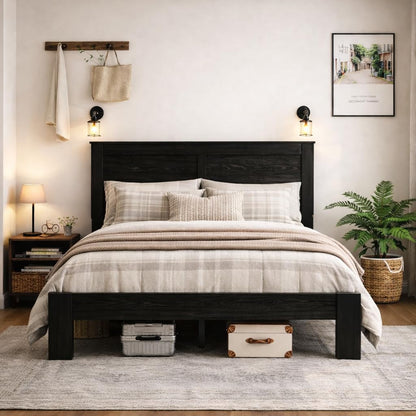 Wooden Bed Frame Queen Size with Headboard, Farmhouse Platform Bed