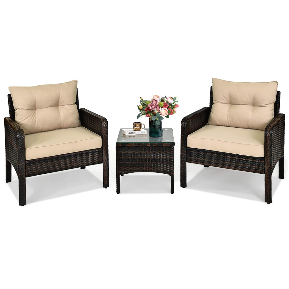 3 Pieces Patio Furniture Set, Outdoor Rattan Wicker Conversation Set with Coffee Table & Cushions, Patio Sofa Set for Garden Balcony Backyard Poolside