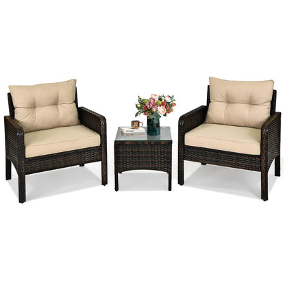 3 Pieces Patio Furniture Set, Outdoor Rattan Wicker Conversation Set with Coffee Table & Cushions, Patio Sofa Set for Garden Balcony Backyard Poolside
