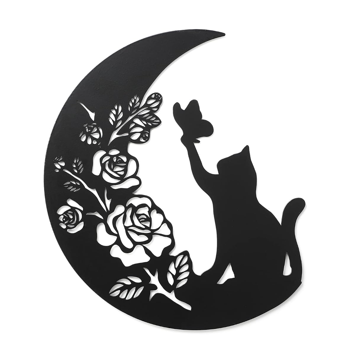 Metal Black Cat Wall Decor, Cat On the Moon Wall Art,Cat Catch Buttefly Wall Scuplture, Cats Lover Gifts for Christmas