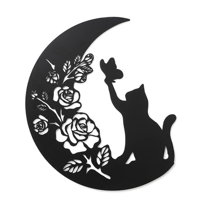 Metal Black Cat Wall Decor, Cat On the Moon Wall Art,Cat Catch Buttefly Wall Scuplture, Cats Lover Gifts for Christmas