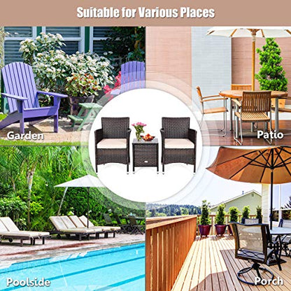 3 Piece Patio Set Wicker Rattan Furniture Set Outdoor Rattan Conversation Set with Coffee Table Chairs & Thick Cushions Bistro Sets for Patio Garden Lawn Backyard Pool
