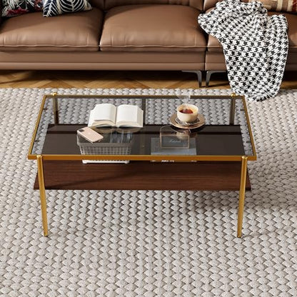 Glass Coffee Table Modern Center Table,Small Coffee Table Sofa Side Tea Table for Living Room,Tempered Glass-top with Metal Frame