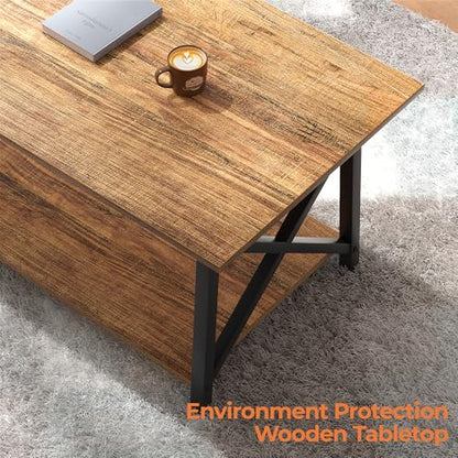 Coffee Table with Storage, 39 inch Modern 2-Tier Coffee Tables for Living Room, X-Frame Design Farmhouse Coffee Table Space Saving Living Room Tables, Easy Assembly, Walnut