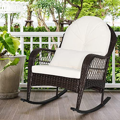 Outdoor Wicker Rocking Chair, Patio Rattan Rocker w/Lumbar Pillow, Padded Seat & Back Cushions, Metal Frame, Mix Brown Wicker Furniture for Balcony, Porch, Deck, Backyard (Off White)