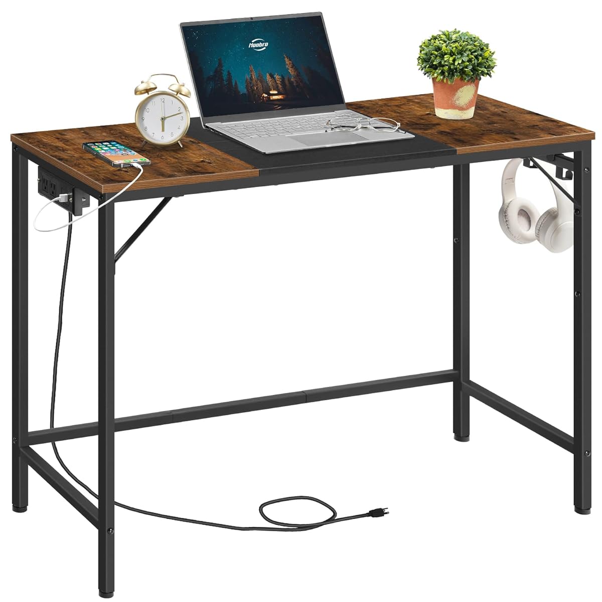 Computer Desk, Home Office Desk with Power Outlet, Modern Study Writing Desk with 3 Hooks for Study Room, Home Office, Sturdy and Stable, Easy to Assemble, Rustic Brown and Black BF41UDN01