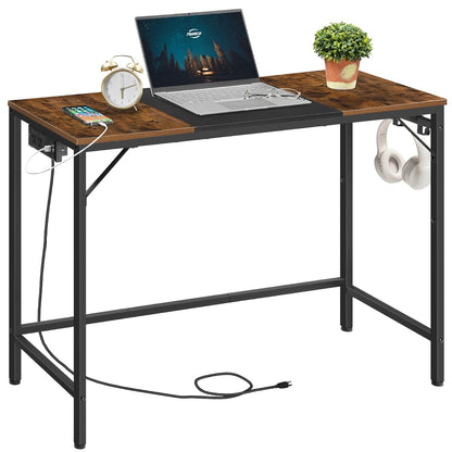Computer Desk, Home Office Desk with Power Outlet, Modern Study Writing Desk with 3 Hooks for Study Room, Home Office, Sturdy and Stable, Easy to Assemble, Rustic Brown and Black BF41UDN01