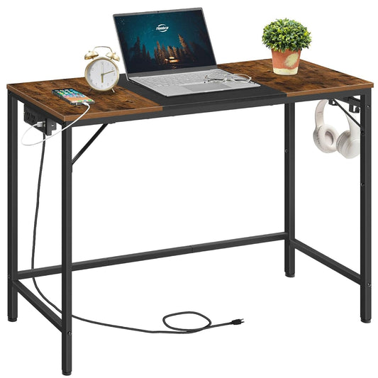 Computer Desk, Home Office Desk with Power Outlet, Modern Study Writing Desk with 3 Hooks for Study Room, Home Office, Sturdy and Stable, Easy to Assemble, Rustic Brown and Black BF41UDN01