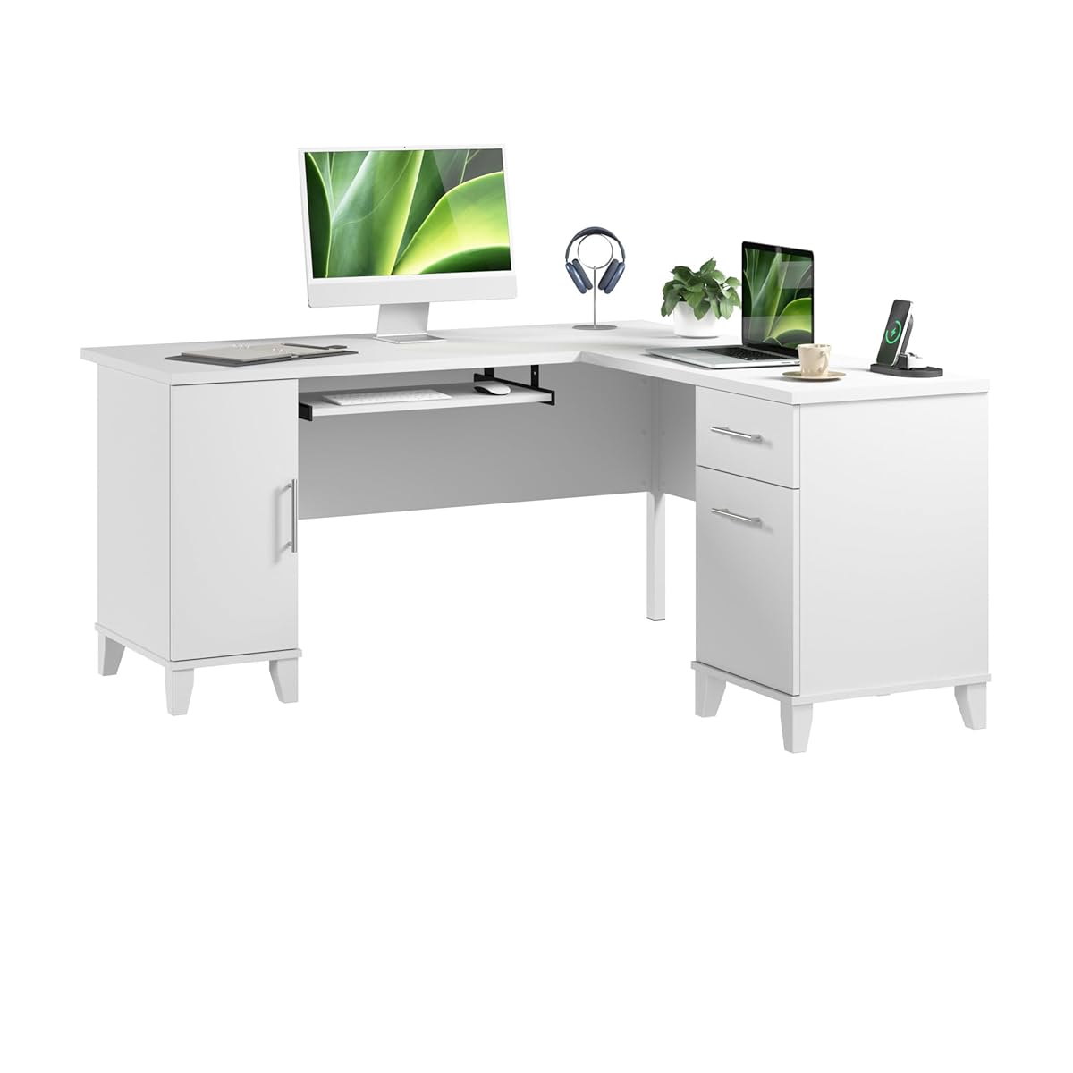 60-Inch L-Shaped Desk with Storage, Corner Computer Office Desk with Drawers and Storage Cabinet, Home Office Furniture, Somerset Collection, White