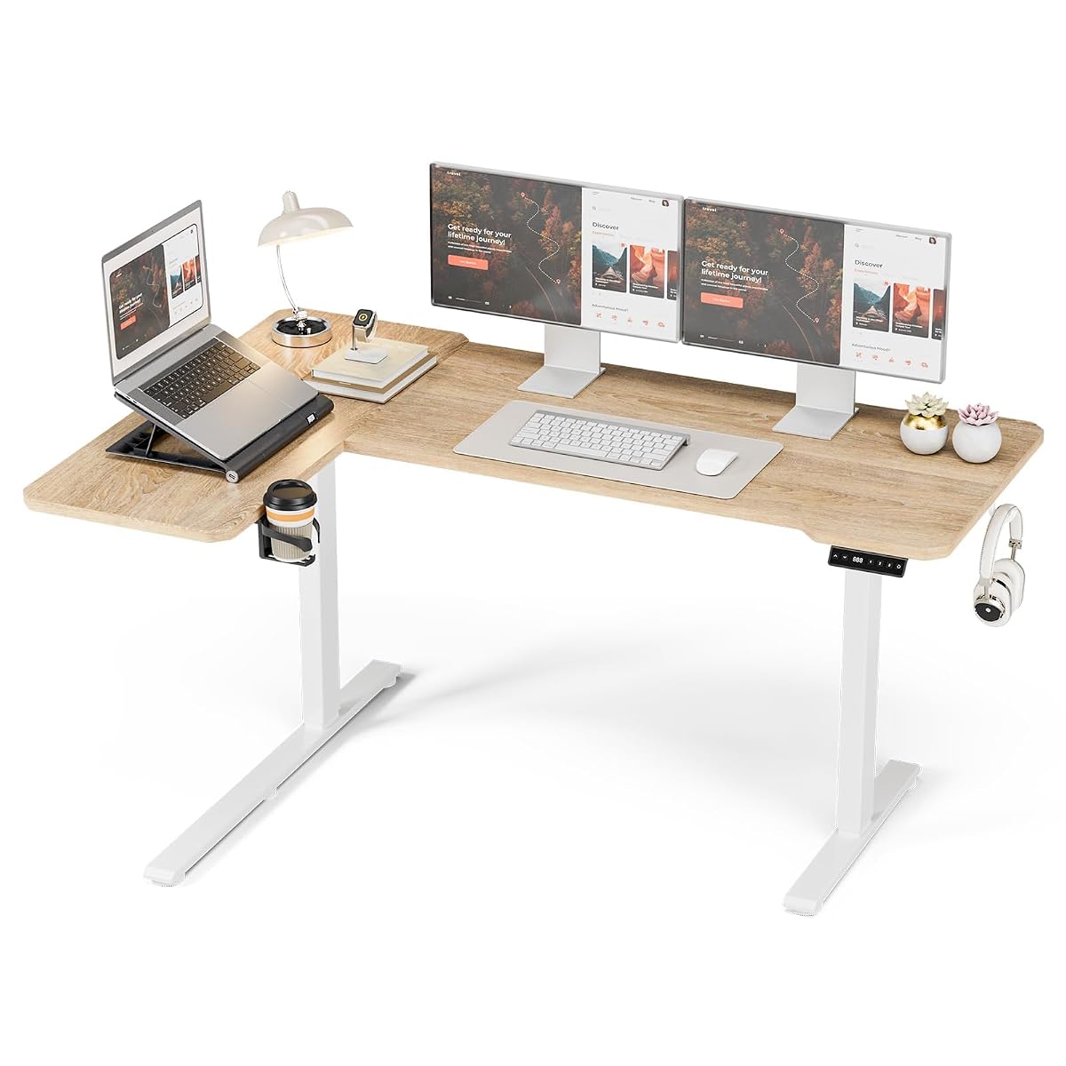 L Shaped Electric Standing Desk,59x40 Reversible,Oak