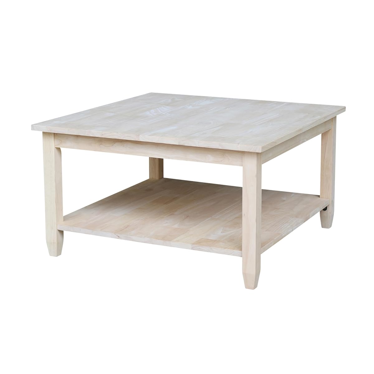 Solano Square Coffee Table, Solid Real Wood, Sturdy Parawood, Living Room/Family Room/Entryway, 32"W x 32"D x 18"H with Shelf, Paint/Stain Ready, Unfinished