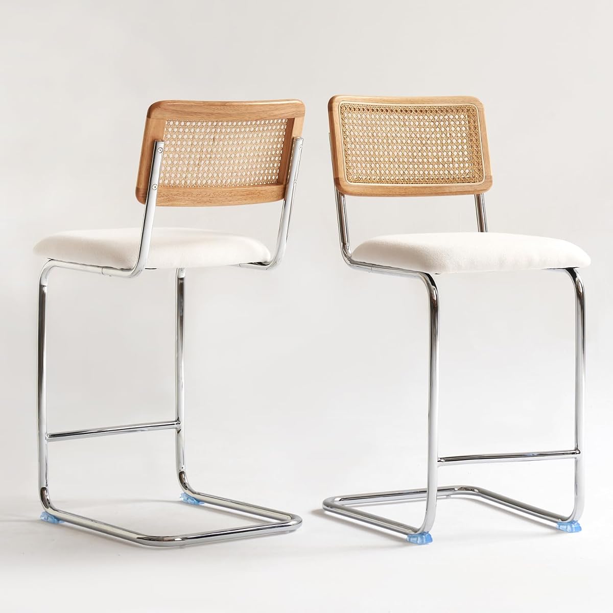 Natural Rattan Counter Height Stools Set of 2 with Solid Wood Back
