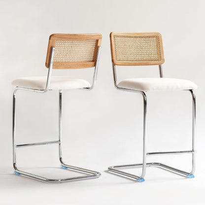 Natural Rattan Counter Height Stools Set of 2 with Solid Wood Back