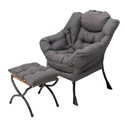 Lazy Chair with Ottoman, Lounge Accent Arm Chair with Armrests, Side Pocket and Footrest, Leisure Upholstered Sofa Reading Chair with Footstool for Living Room Bedroom, Dark Grey