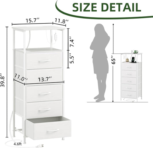 White Tall Dresser for Bedroom with 5 Drawers, Tall Nightstand | Night Stand Bedside Table with Fabric Bins, Metal Frame, Wood Top, Vertical Storage for Dorm, Closet, Entryway
