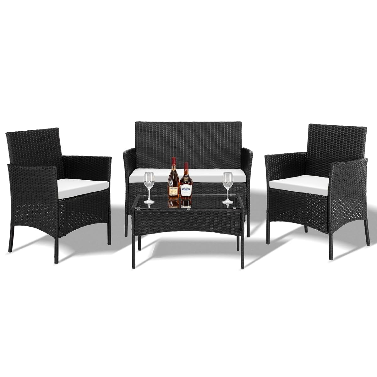 4 Pieces Patio Furniture Set, Rattan Conversation Sets, Black | Loveseat with Soft Cushion, Glass Table for Garden Backyard Balcony Porch Poolside