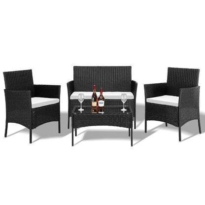 4 Pieces Patio Furniture Set, Rattan Conversation Sets, Black | Loveseat with Soft Cushion, Glass Table for Garden Backyard Balcony Porch Poolside