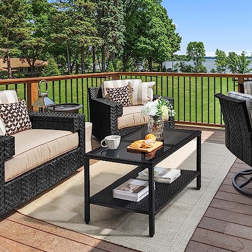 Yaheetech Outdoor Wicker Coffee Side Table with Tempered Glass Top, Black | All-Weather Rattan Patio Storage Furniture for Garden
