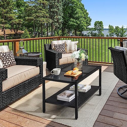 Yaheetech Outdoor Wicker Coffee Side Table with Tempered Glass Top, Black | All-Weather Rattan Patio Storage Furniture for Garden