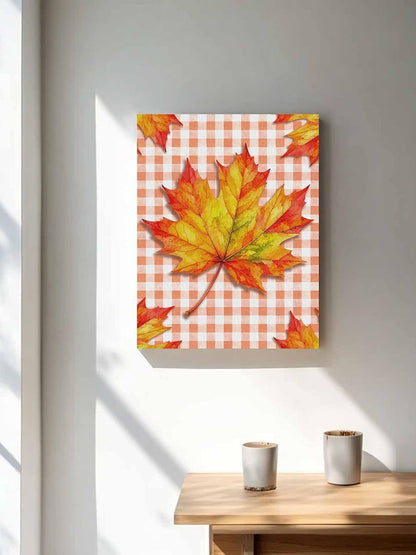 NuYeBiofx Fall Thanksgiving Maple Leaves Canvas Wall Art Prints,30"x20" Framed Picture Artwork Plaid Background Printed Canvas Oil Painting for Living Room Bedroom Office,Ready to Hang