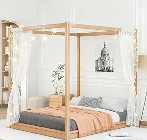 Queen Canopy BedFrame, Montessori Floor Bed, Canopy Platform Bed for Kids