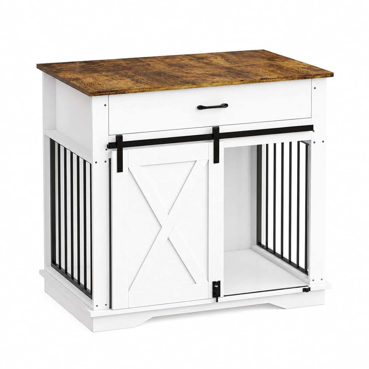38" Farmhouse White Dog Crate Furniture with Sliding Barn Door